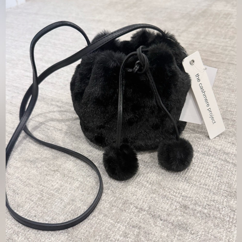Faux Fur and Leather Black Drawstring Pouch-  The Cashmere Project- NWT